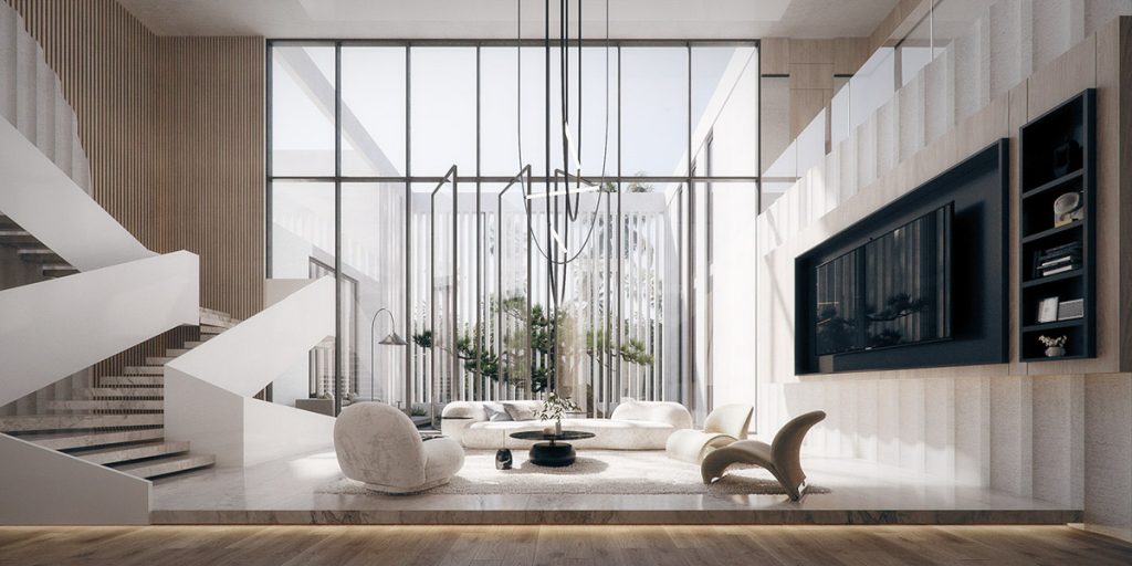 Modernes einfarbiges Haus mit ruhiger und gemütlicher Terrasse und Stufen